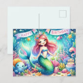 Magische Zeemeermin Verjaardag Kaart - Waterverf (Voorkant / Achterkant)