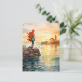 Magische Zeemeermin Waterverf met Vuurtoren - Fant Feestdagenkaart (Staand voorkant)