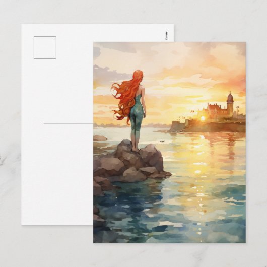 Magische Zeemeermin Waterverf met Vuurtoren - Fant Feestdagenkaart (Voorkant / Achterkant)