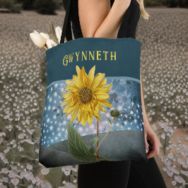 Magische Zonnebloem met Blauwgroen Sterrenhemel Mo Tote Bag