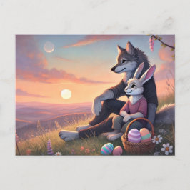 Magische zonsondergang moment - Wolf & Bunny Pasen Feestdagenkaart