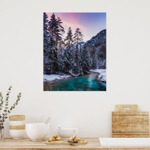 Magische zonsondergang turquoise rivier Mojstrana, Poster