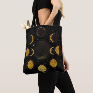 Magische zwarte en gouden maanfasen tote bag