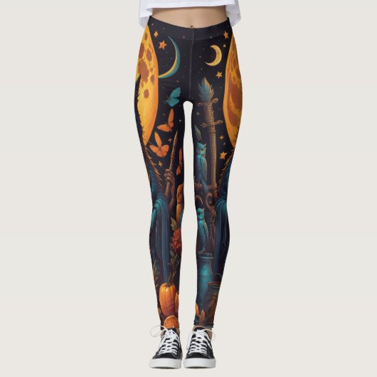 Magische zwarte kat heks Halloween Leggings (Voorkant)