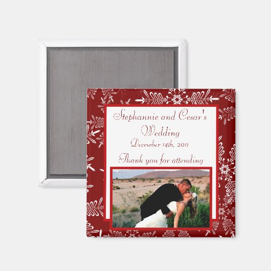 Magneet 5x5 cm kerst rood sneeuwvlokken aankondigi (Voorkant / Achterkant)