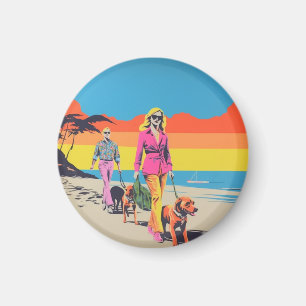 Magneet in popartstijl, hond wandelen op het stran