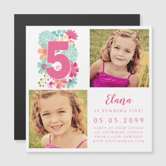 MAGNEET Meisjes Roze Nummer 5 5e Verjaardag Jaar F Magnetische Uitnodiging (Voorkant / Achterkant)