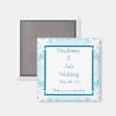 Magneet met aankondiging 5x5 cm blauwe madeliefjes (Voorkant / Achterkant)