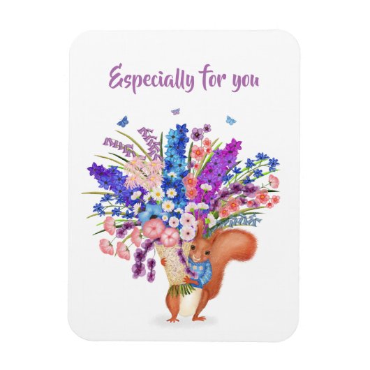 Magneet met cute rode eekhoorn met bloemen (Verticaal)