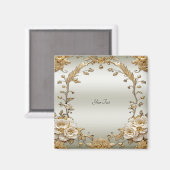 Magneet met gouden sierlijke witte bloemen (Voorkant / Achterkant)