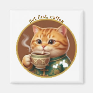 Magneet met knuffelbare oranje kat die thee/koffie