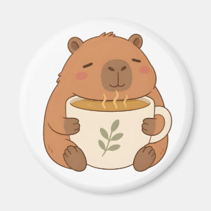 Magneet met knuffelende capybara en koffiekop