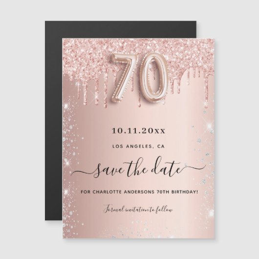 Magneet met roos glitter voor 70e verjaardag save  (Voorkant / Achterkant)