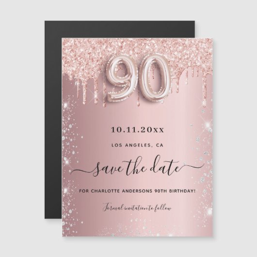 Magneet met roze glitters en tekst 'save the date' (Voorkant / Achterkant)