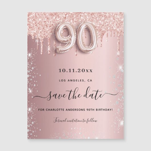Magneet met roze glitters en tekst 'save the date' (Voorkant)