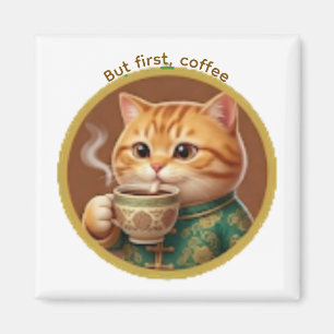Magneet met Schattige Oranje Kat die Thee Koffie D