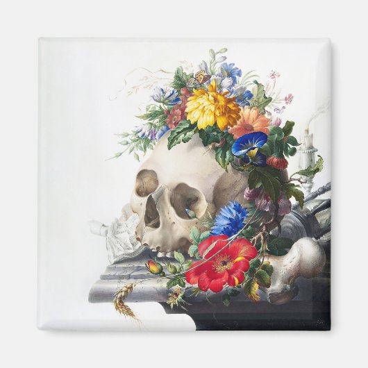Magneet met schedel en bloemen scène. (Voorkant)