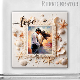 Magneet met schelpenliefde foto op strand