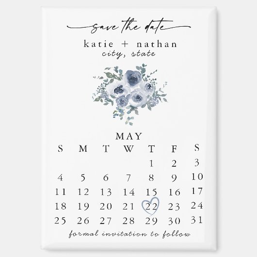 Magneet met stoffig blauwe bloemensave-the-date (Voorkant)