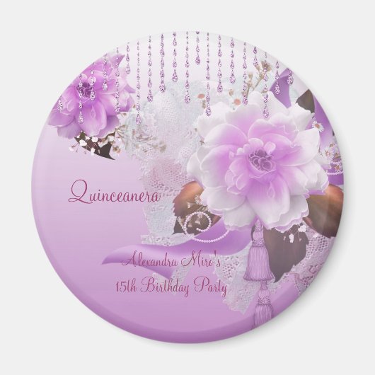 Magneet Quinceanera 15e Lila Roze Bloemen Wit (Voorkant)