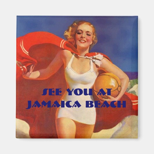 Magneet ~ RETRO stijlvolle badpak dame op het stra (Voorkant)