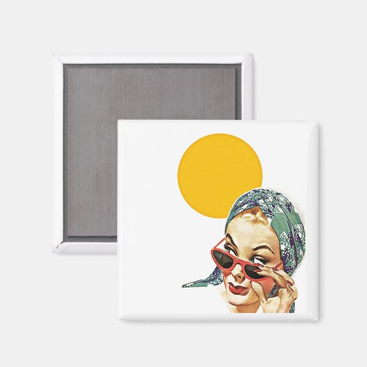 Magneet ~ RETRO Stijlvolle Dame achter Rode Zonneb (Voorkant / Achterkant)