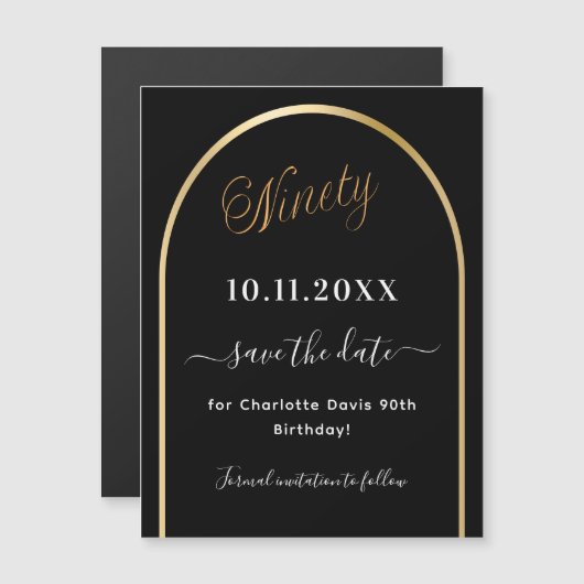 Magneet voor uitnodiging 90ste verjaardag in zwart (Voorkant / Achterkant)