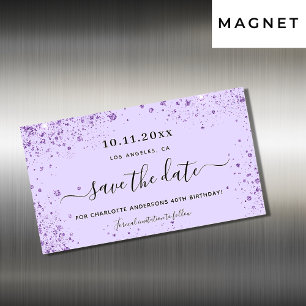 Magneet voor verjaardagsfeest paarse glitter save
