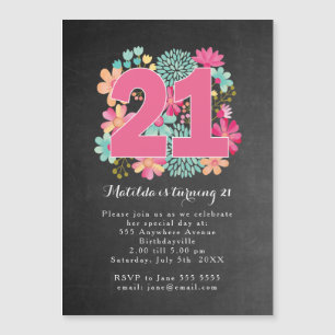 MAGNET 21st Birthday Party Chalkboard Floral Magnetische Uitnodiging