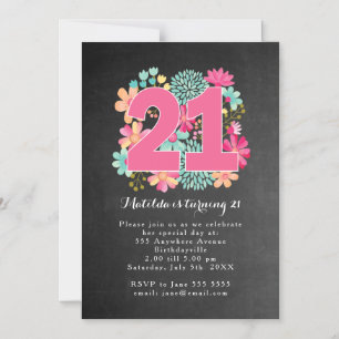 MAGNET 21st Birthday Party Chalkboard Floral Magnetische Uitnodiging
