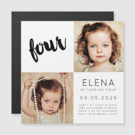 MAGNET Baby Boy Girl VIER 4e verjaardag Fotokaart Magnetische Uitnodiging