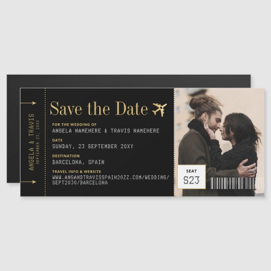 Magnet Boarding Pass Save the Date Black Gold (Voorkant / Achterkant)