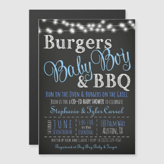 MAGNET Couples Coed Burger Baby Boy BBQ Uitnodigin Magnetische Uitnodiging