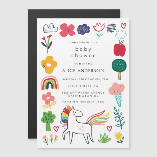 |MAGNET| Cute Sweet Unicorn Baby Shower Invite Magnetische Uitnodiging (Voorkant / Achterkant)