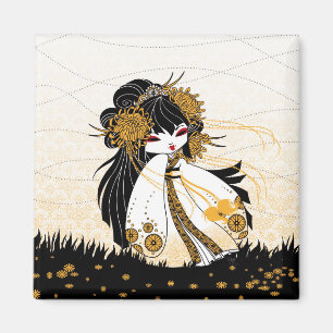 Magnet déco cuisine kokeshi chrysanthème