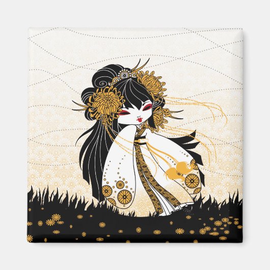 Magnet déco cuisine kokeshi chrysanthème (Voorkant)