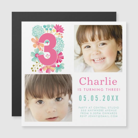 MAGNET Derde Drie 3e Verjaardagsfeest Foto Magnetische Uitnodiging (Voorkant / Achterkant)