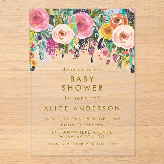 |MAGNET| Gedaasd Floral Baby shower Acryl Uitnodigingen (Voorkant)