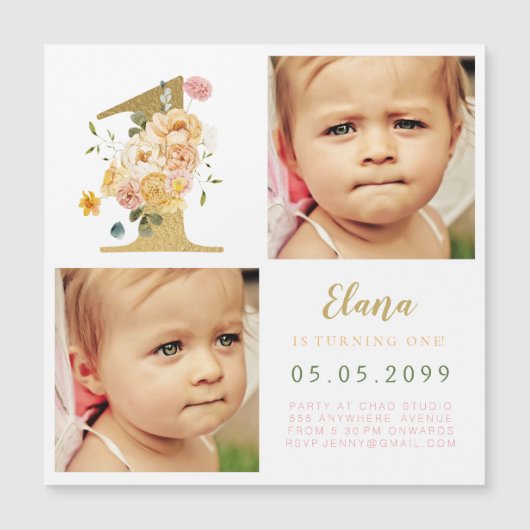 MAGNET Girls Gold Nummer 1 1e verjaardag Foto Magnetische Uitnodiging (Voorkant)