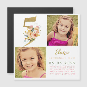 MAGNET Girls Gold Nummer 5 5e verjaardag Foto Magnetische Uitnodiging