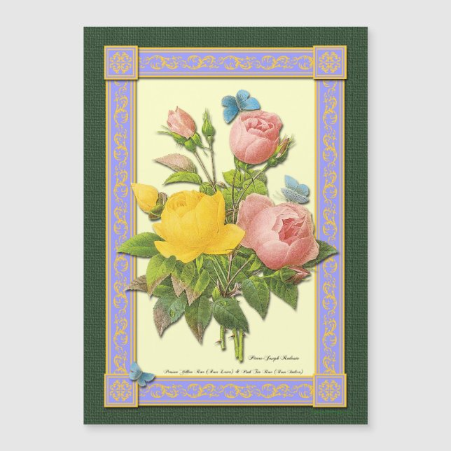 Magnet met botanische roosboeket en vlinders (Voorkant)