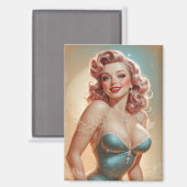 Magnet Pin-Up Blonde Glamour Robe Bleue Dentelle (Voorkant / Achterkant)