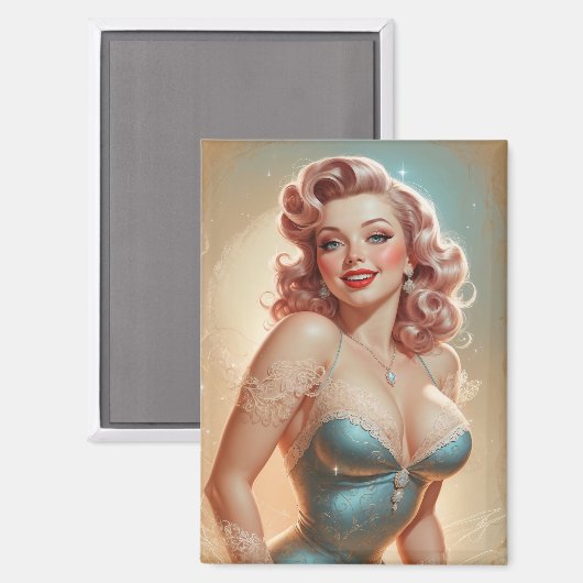 Magnet Pin-Up Blonde Glamour Robe Bleue Dentelle (Voorkant / Achterkant)