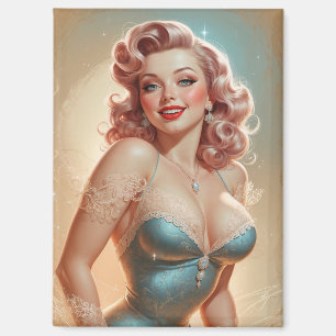 Magnet Pin-Up Blonde Glamour Robe Bleue Dentelle
