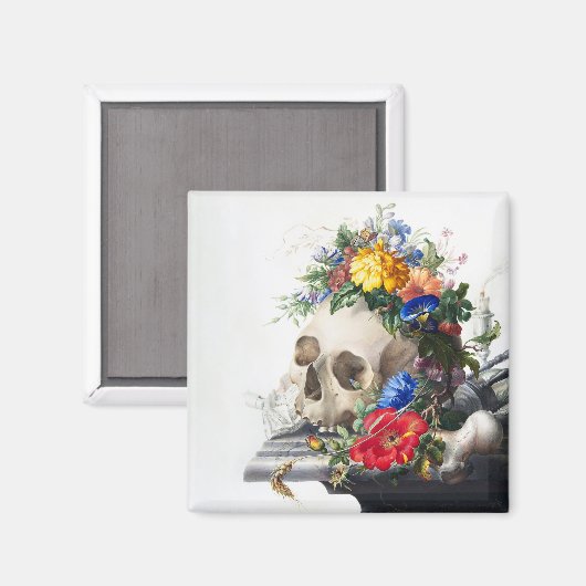 Magnet with skull and flowers scene. (Voorkant / Achterkant)