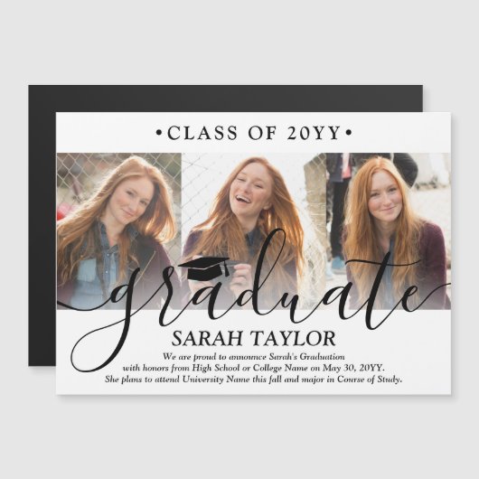 Magnetic 3 Photo Collage Afstuderen aangekondigd Magnetische Uitnodiging (Voorkant / Achterkant)
