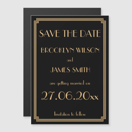 Magnetic Art Deco Black Wedding Save the Date Magnetische Uitnodiging (Voorkant / Achterkant)
