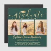 Magnetic Green Gold Afstuderen Fotoaankondiging Magnetische Uitnodiging (Voorkant / Achterkant)