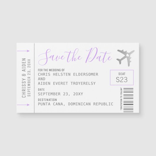 Magnetic Mini Boarding Pass Save the Date Lila (Voorkant)