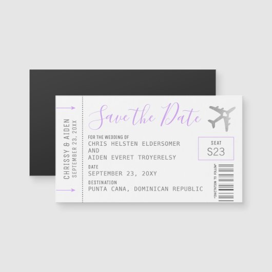 Magnetic Mini Boarding Pass Save the Date Lila (Voorkant / Achterkant)